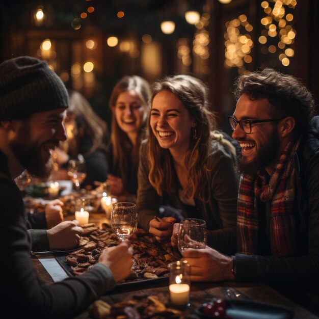 People at a table celebrating Christmas with sparkly sparkling lights