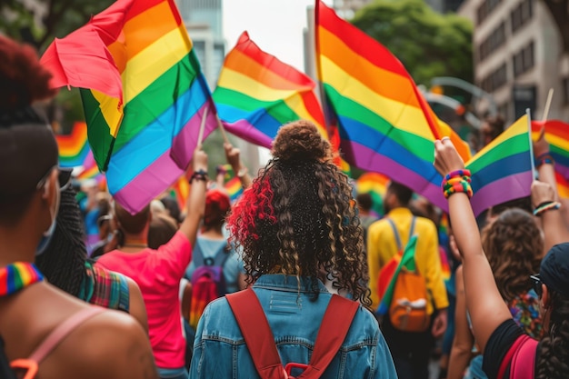 People take part in the gay pride parade Thousands of people march in the city streets for the annua