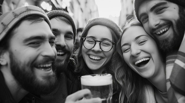 Photo people taking a photo together with a cold beer great for social media or advertising