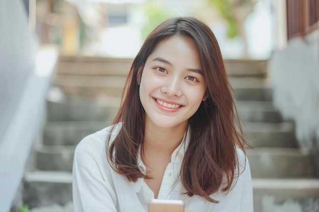 People and technology smiling beautiful asian woman sitting on stairs in city holding mobile phone