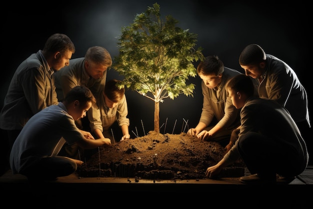 People tending to a little oak tree in the garden Roots of an oak tree have been established in th