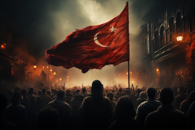 People of Turkey in the streets celebrating the 30th of August Victory Day with a big flag Generative AI