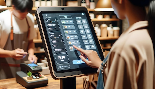 People use touch screen vending machines in restaurants