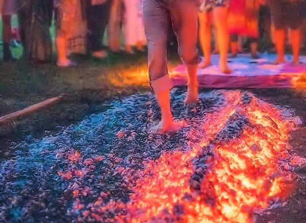 People walk on coals fire ritual shaman festival