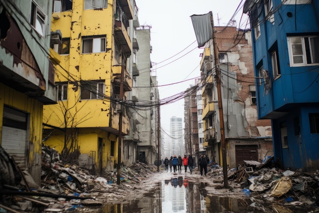 people walk through a flooded street in the middle of an urban area