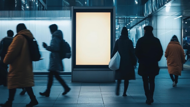 People walking along a city street at night by an empty illuminated advertisement board