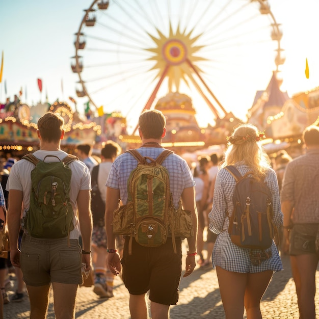 Photo people walking away from ferris wheel in sunny amusement park