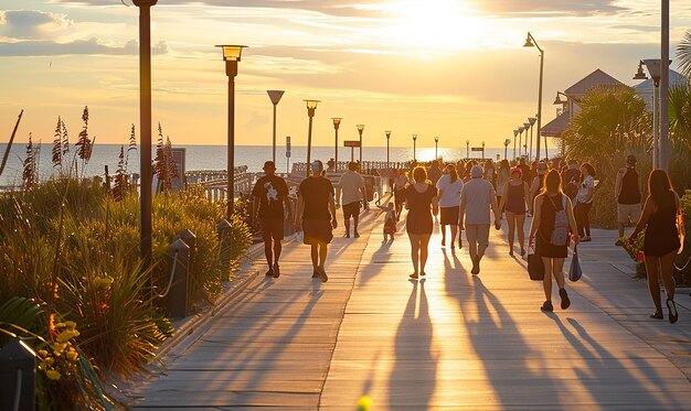 Photo people walking on a boardwalk with the sun setting behind them