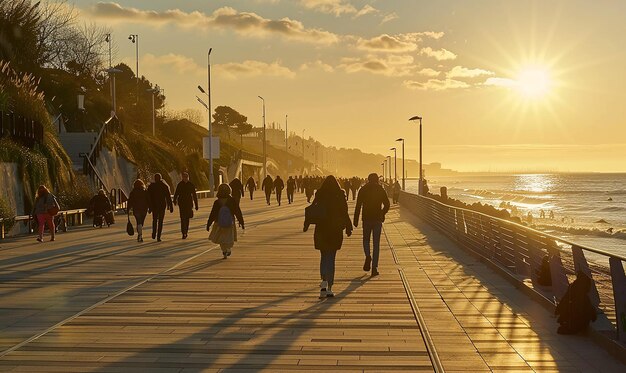 Photo people walking on a boardwalk with the sun setting behind them