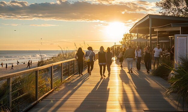 Photo people walking on a boardwalk with the sun setting behind them