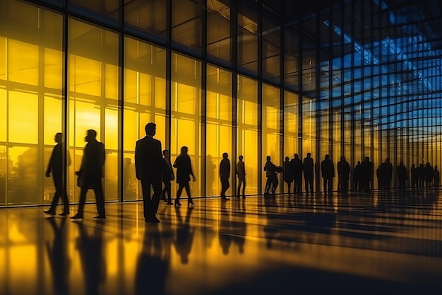 People walking in a building with a yellow light behind them