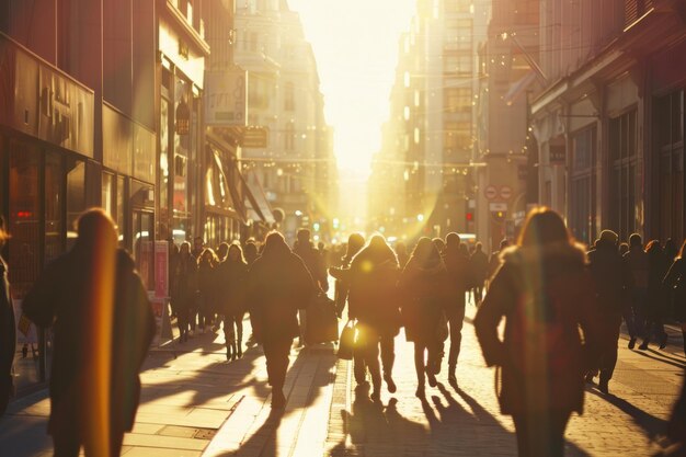 People walking on busy city street sun low