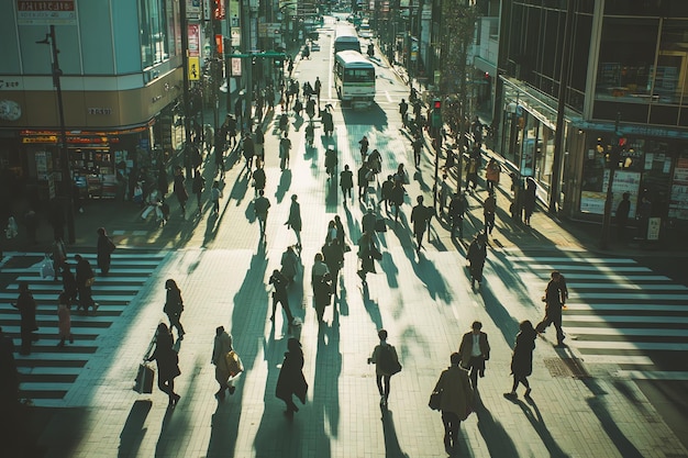 People Walking on a Busy City Street with Long Shadows