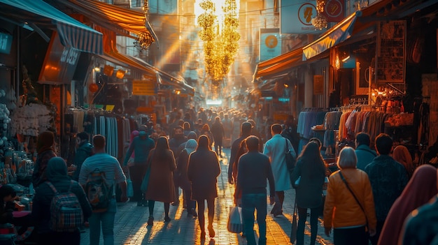 people walking down a street in a city at sunset