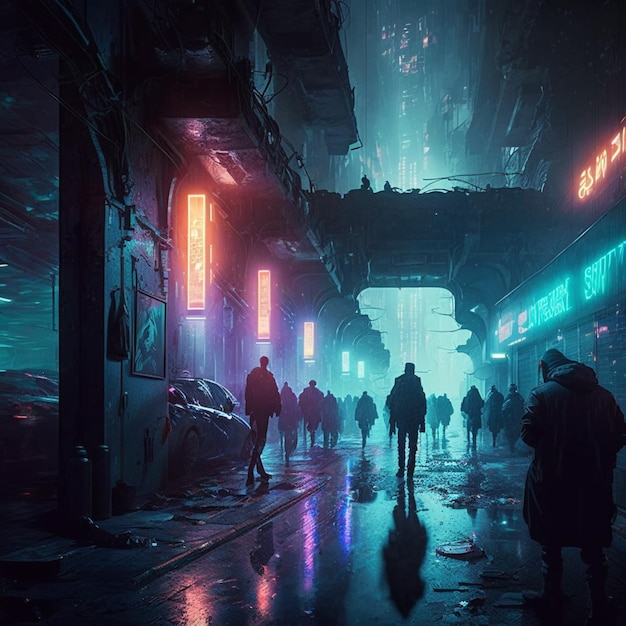 people walking down a street at night in a neon lit city generative ai