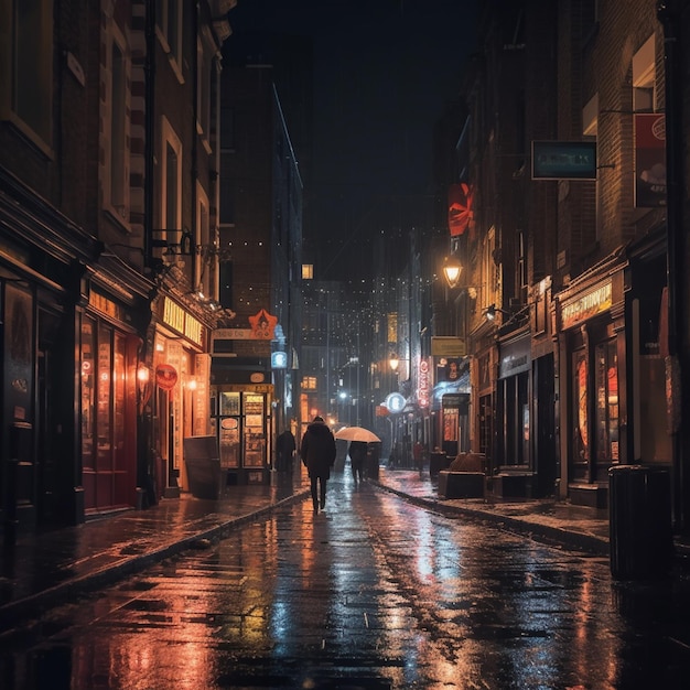 people walking down a wet street at night with umbrellas generative ai