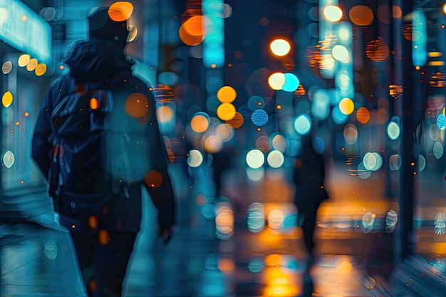 People walking in a downtown city during night Motion blur image with blurred background