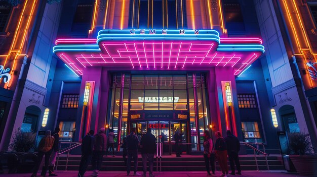 Photo people walking in front of a building that says theater