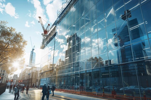 Photo people walking in front of a building with a crane on the side