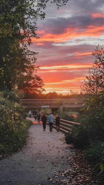 People walking on a path in front of a sunset