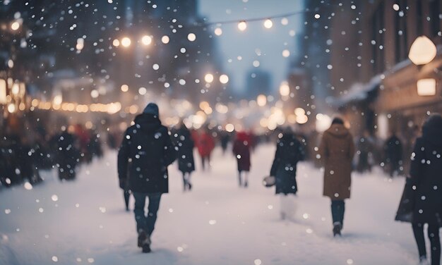 people walking in the snow with a christmas tree in the background