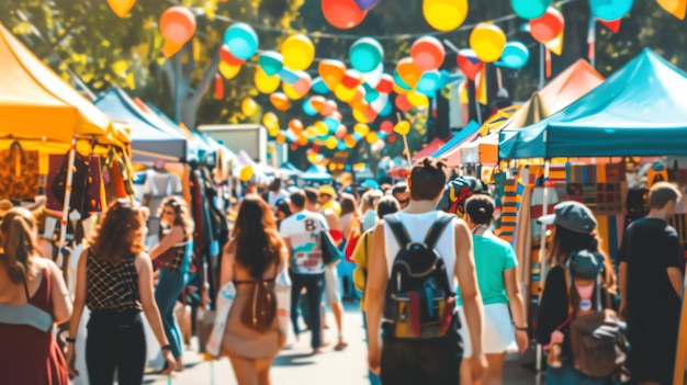 Photo people walking through a crowded street fair with colorful tents and balloons