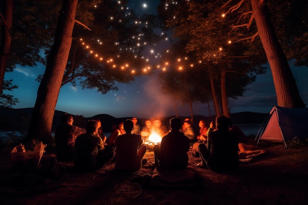 People in warm glow of campfire under canopy of stars Generative AI