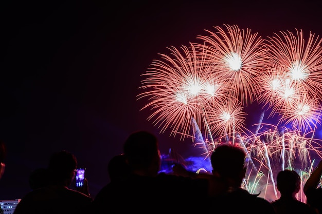 People watching firework display against sky at night