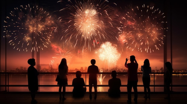 People watching fireworks and marking the new year silhouette concept