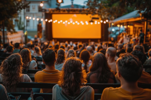 people watching outdoor cinema big screen show view from behind ai generated