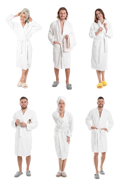 People wearing bathrobes on white background collage