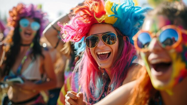 People wearing crazy wigs and dancing wildly at a music festival