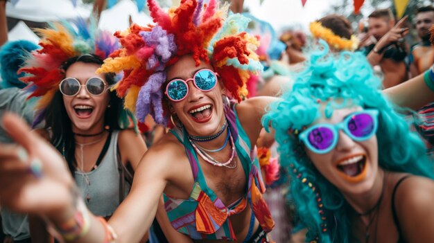 People wearing crazy wigs and dancing wildly at a music festival