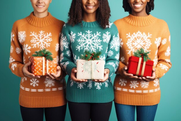 people wearing ugly sweater in circle hand united Generative AI