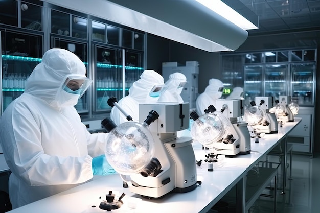 People in white isolating costumes working in laboratory