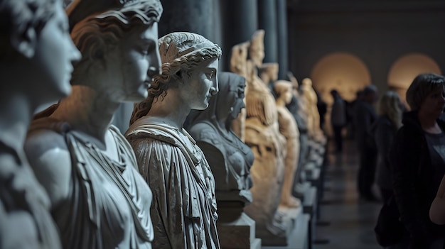 people who are surrounding and looking at the carved sculptures in a large glass box in the museum