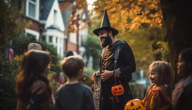 People who celebarate halloween neighborhood family