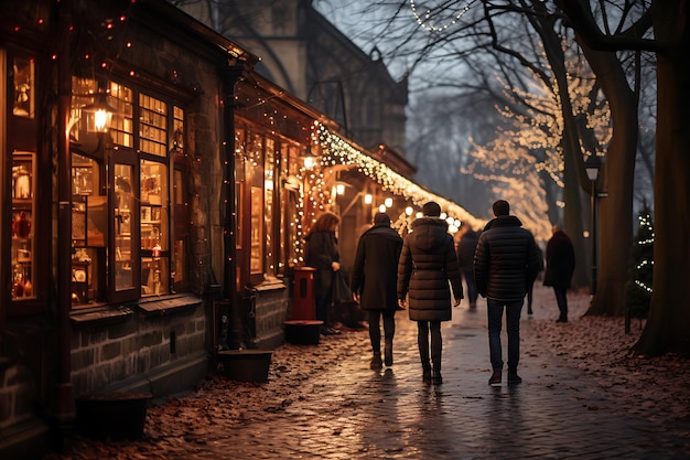 people in winter clothes walking along christmas market with golden lights