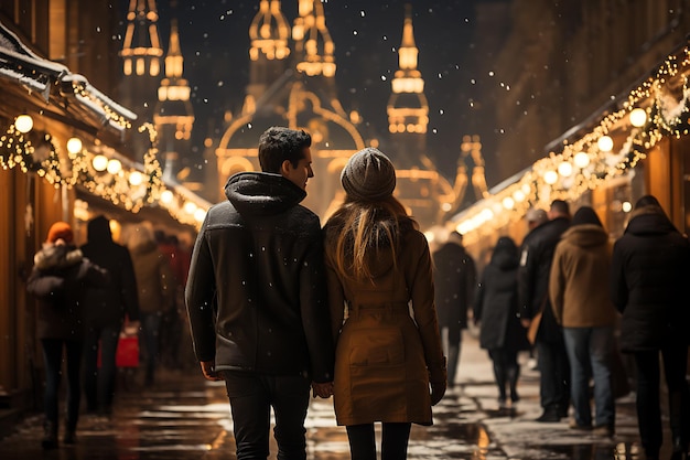 people in winter clothes walking along christmas market with golden lights