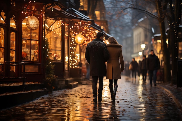 people in winter clothes walking along christmas market with golden lights