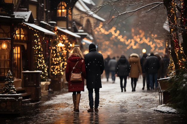 people in winter clothes walking along christmas market with golden lights