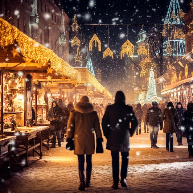 People in Winter Clothes Walking Along Christmas Street Festive Seasonal Stroll