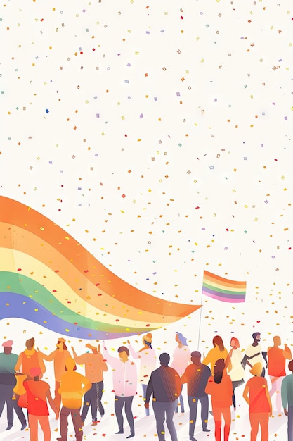 People with rainbow background flag celebrate Pride Month Day