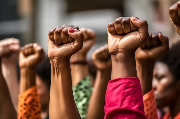 People with their fists in the air, holding their fists up