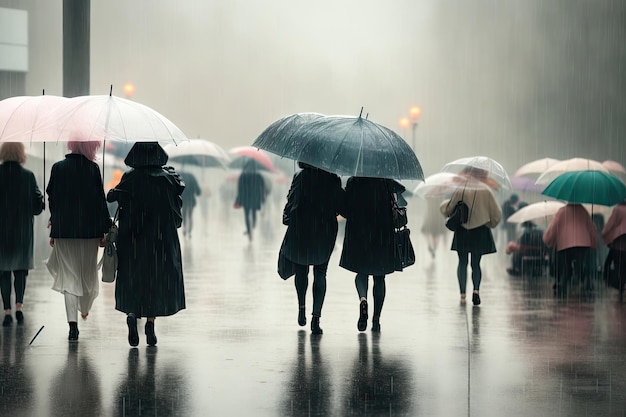 People with an umbrella in raining days ai generative