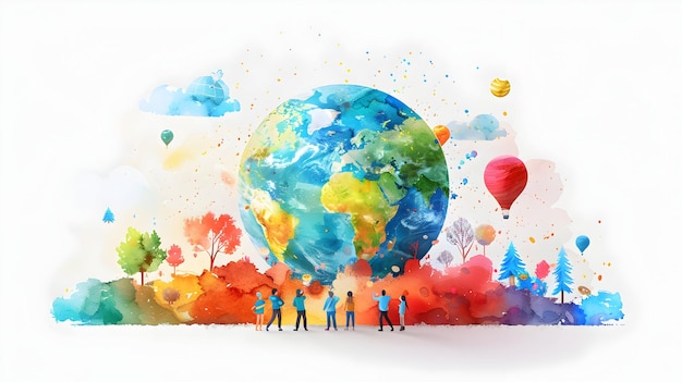 People with Watercolor Earth and Climate Change Charts 3D Flat Icon Creative Concept for Environ