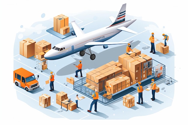 People work in global logistic delivery service with cargo trucks and Industrial warehouse equipment concept 3D isometric illustration