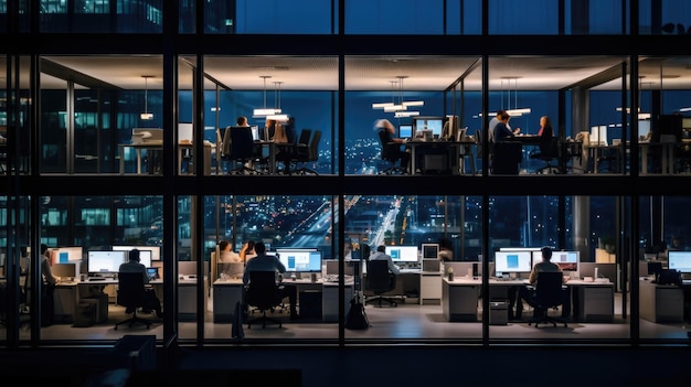 People work in an office building at night Windows interior Concept for employment business corporate working Brexit business people modern life busy people