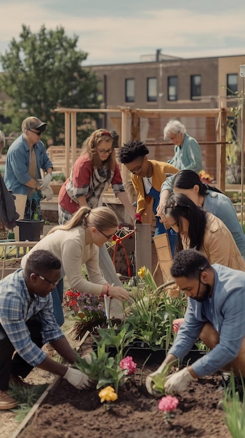 Photo people working in community garden at socially inclusive neighbourhood project