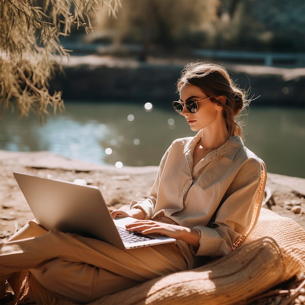 People working on a laptop outdoors photo